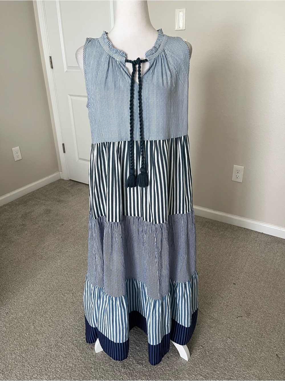 NWOT Tuckernuck Blue & White Striped Tiered Maxi Dress with Tassel Tie Size XS/S